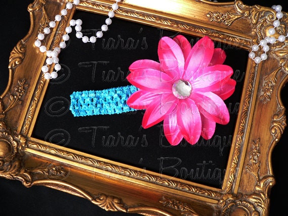 Pink Blue Girls Headband Photo Prop - Hot Pink Lily w/ Rhinestone Center on Turquoise Blue Headband - Flower Headband to Match Your Tutu