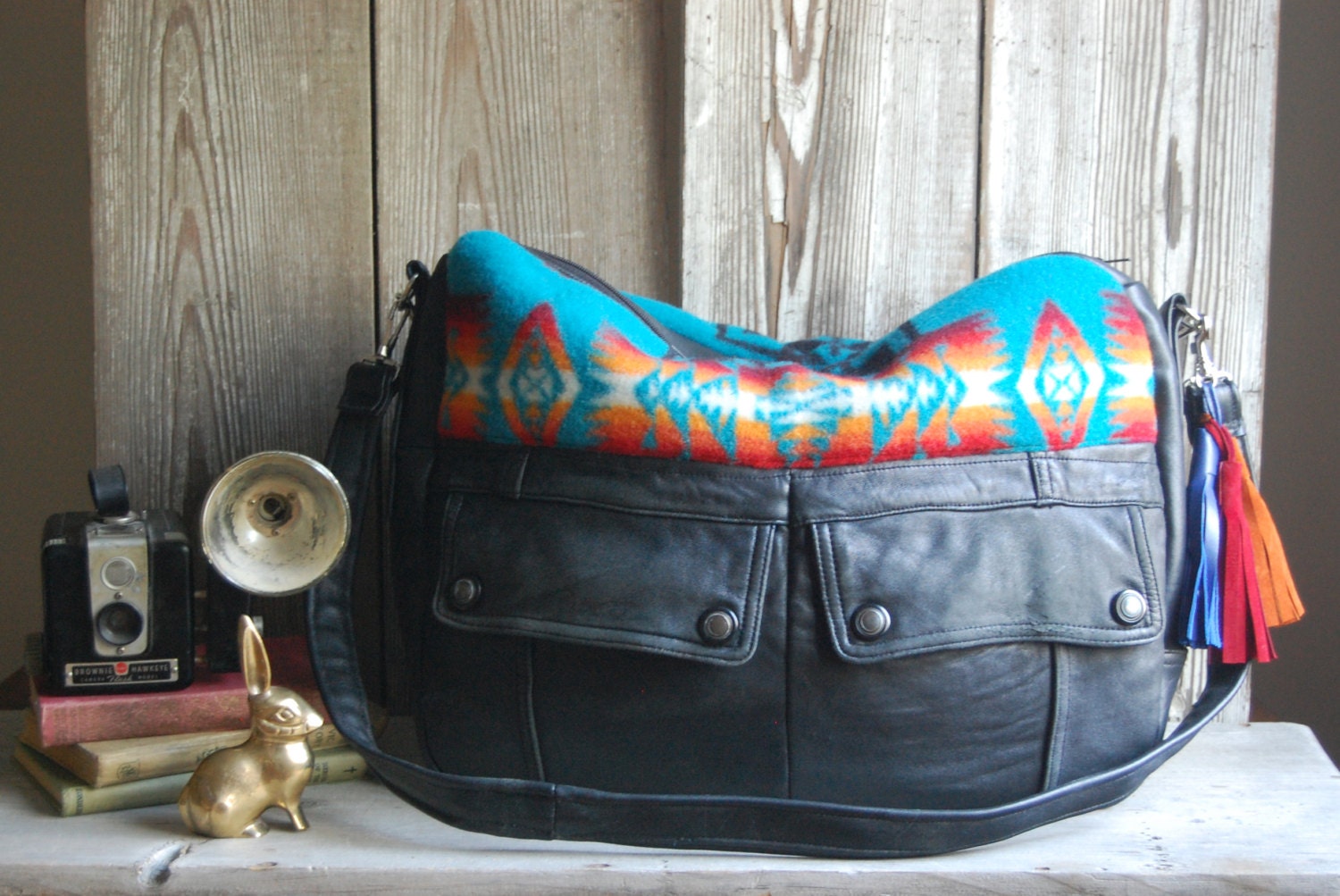 TUNDRA /// black leather bag with pendleton navajo southwestern fabric