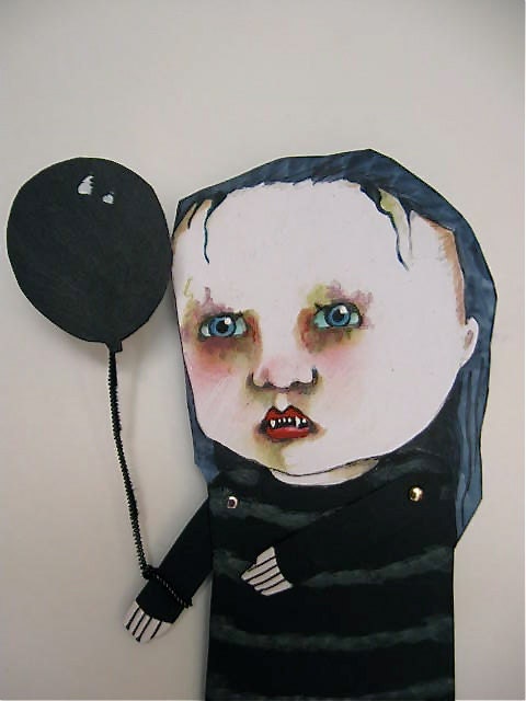 Paper doll- creepy art doll, illustration- black- dark art - vampire- articulated paper doll- hand cut- hand painted- black balloon