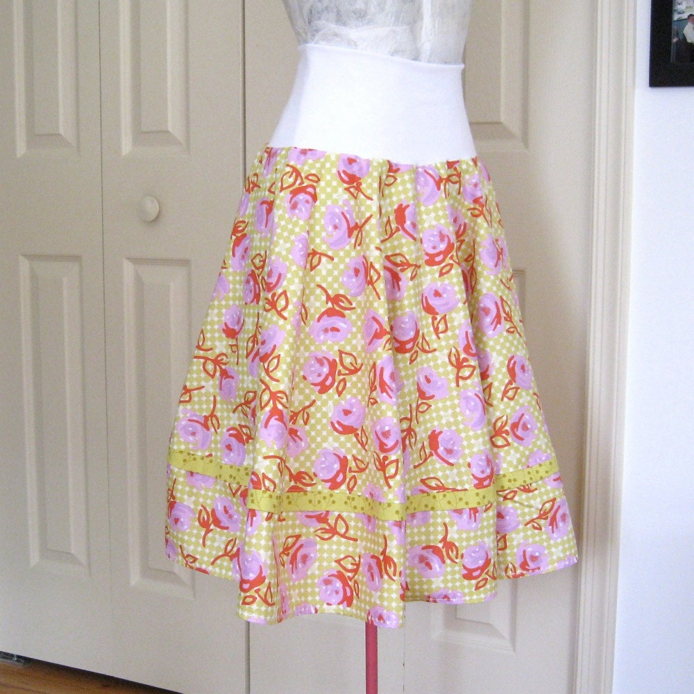 Full cut Circle skirt with border detail - pink, chartreuse green, and white - xsmall, small, medium, large and plus sizes