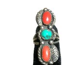 Vintage 1970s Navajo Ring Sterling Turquoise Coral Signed M Haley TREASURY ITEM