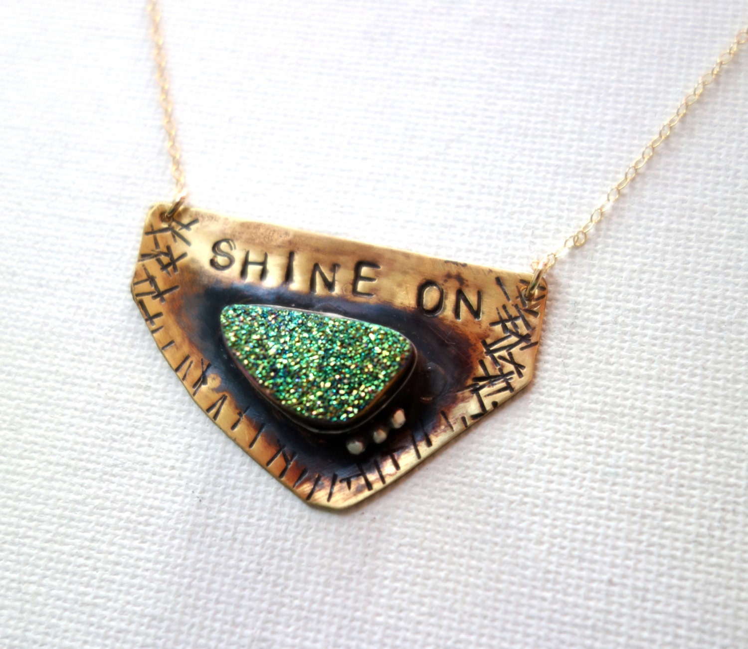 Handmade Shine On Drusy Pendant in Sterling Silver and Brass with Text