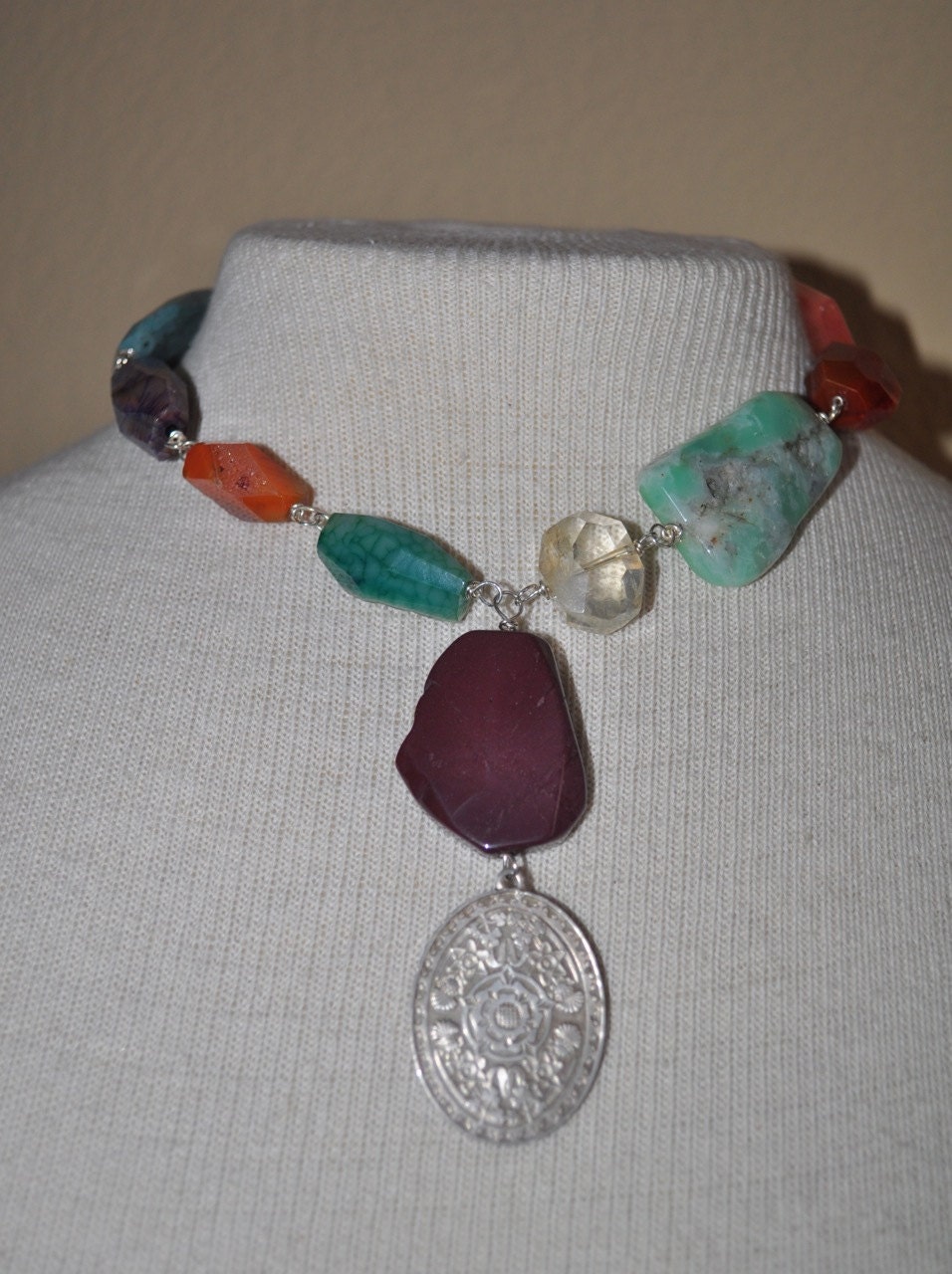 Sterling silver vintage pendant and chunky gemstone and crystal bead repurposed necklace