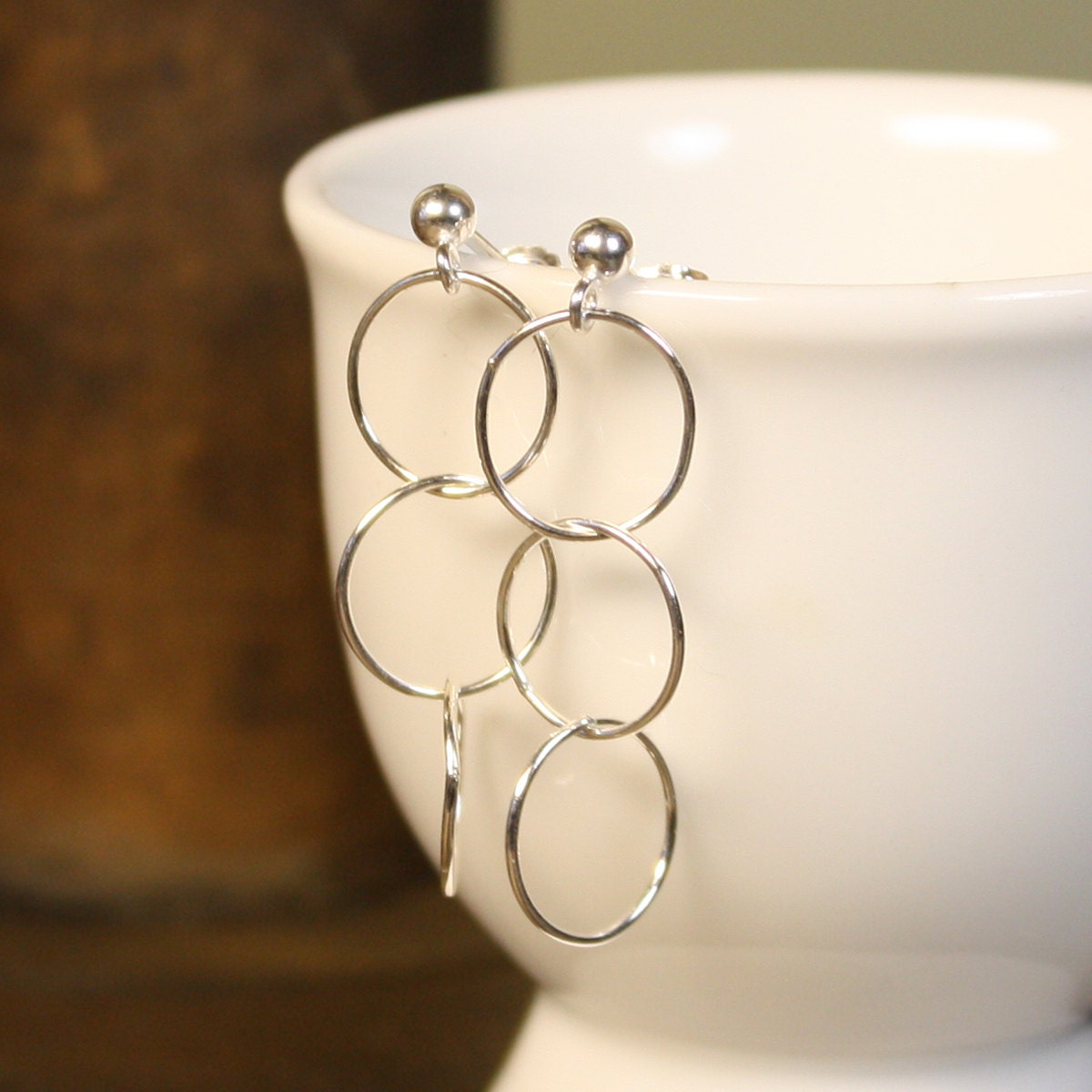 Simple Modern Sterling Silver Three Circle Dangle Post Earrings - Airy and Shiny