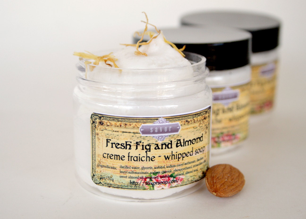 Fresh Fig and Almond 2 oz Mini Creme Fraiche Whipped Soap with Calendula Oatmeal Ground Almond