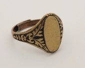 Ring Blanks - 10 Brass Ox (oxidized) Floral Style 6 Oval Glue On Pad Adjustable Ring Blanks - Great for Glass, Buttons and More