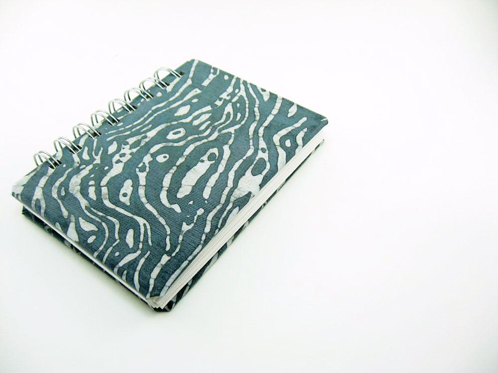 Blank Notebook, Sketchbook, Journal - covered in hand printed, hand dyed batik fabric nautical gray waves