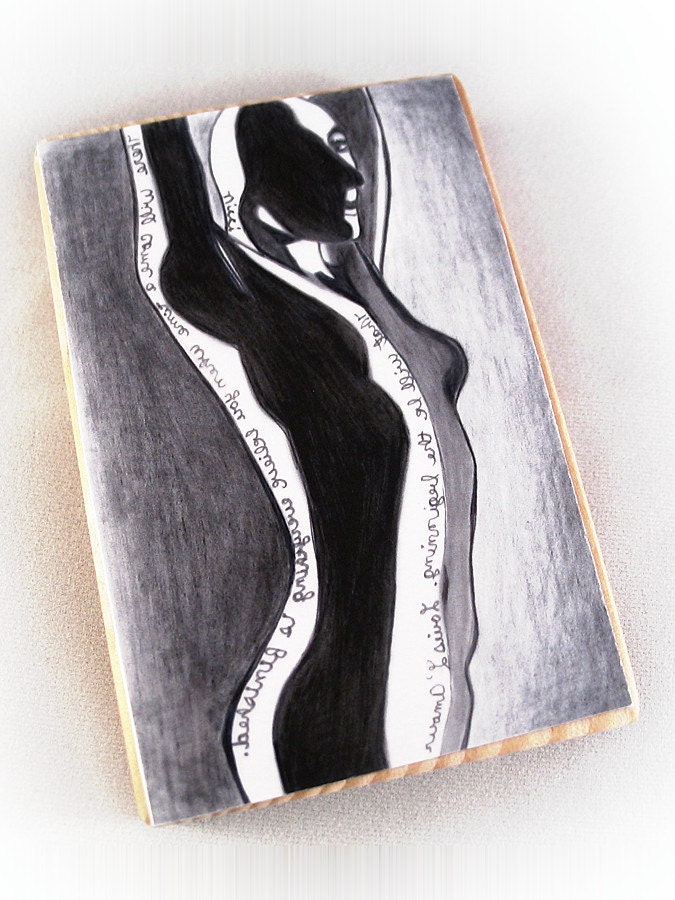 Aceo female nude drawing art print mounted on wood block with Louis L'Amour quote in mirror writing Beginning