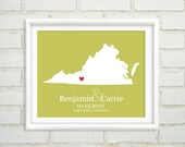 Wedding Gift  : Personalized Wedding Location and Custom State Map Print - 8x10 / Virginia - Any State or Country Available
