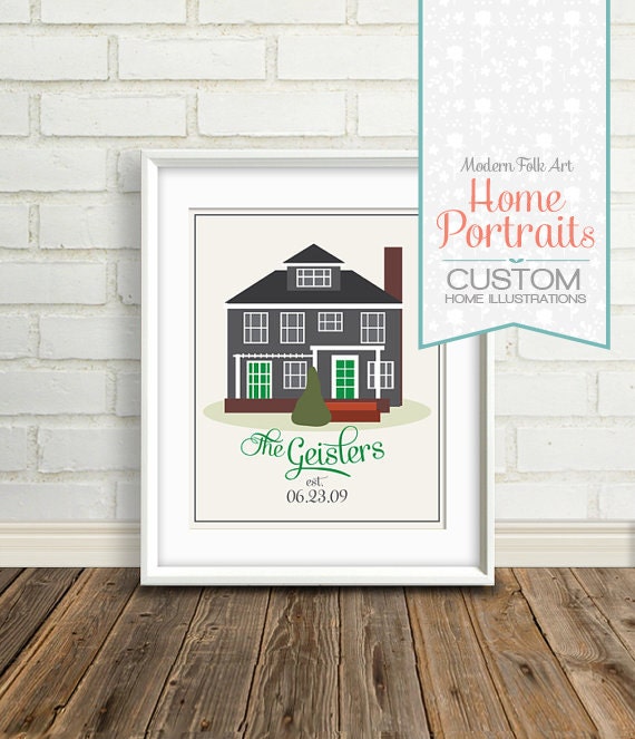 Custom Home Illustration : Father's Day - Modern Folk Art - Family's First Home, Home, Cabin, Vacation Keepsake, Housewarming Gift