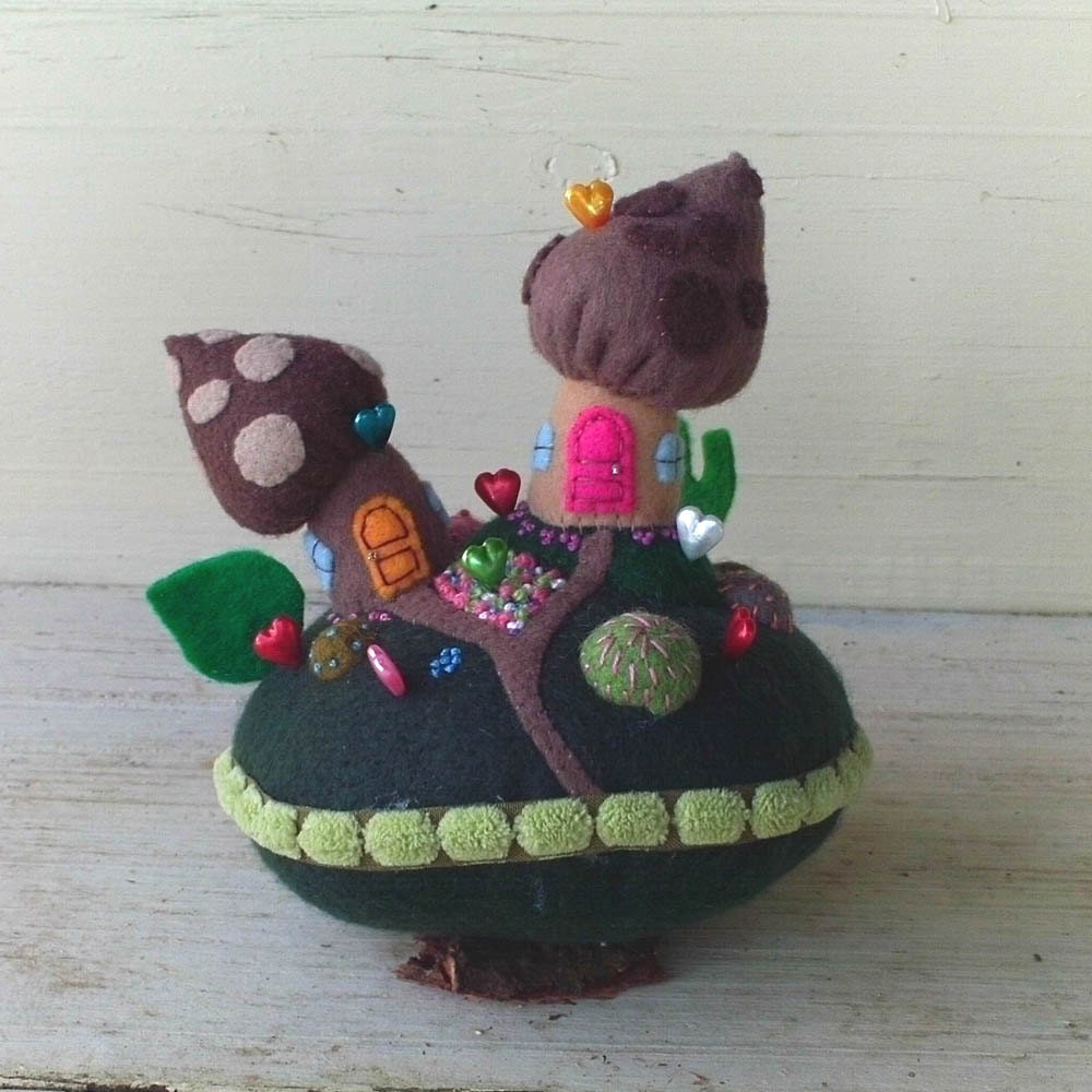 Brown Mushroom Houses Pincushion