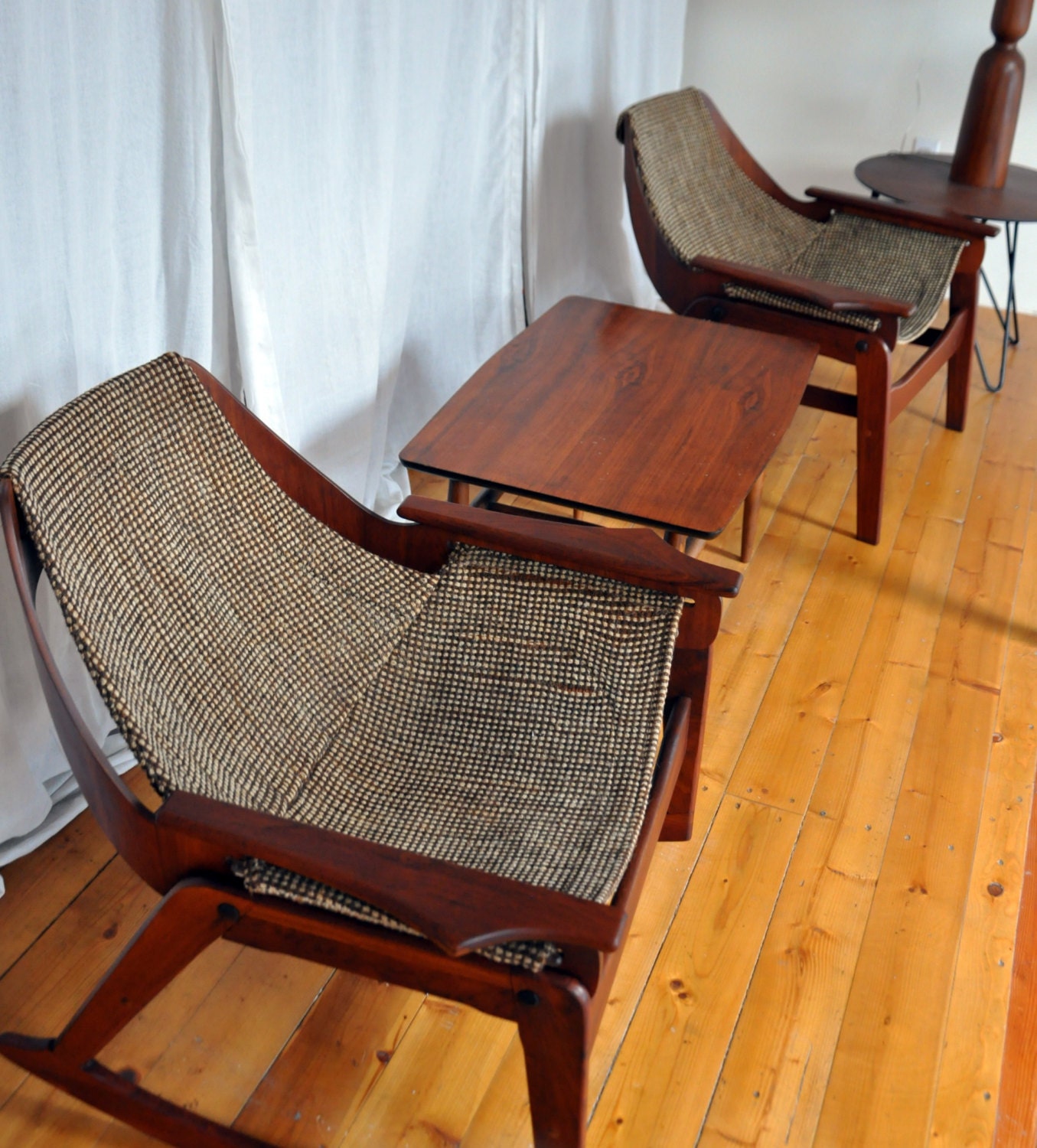Pair Mid Century Jerry Johnson Slingback Rocker & Armchair Original Upholstery