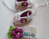 Hand crocheted ballerina slippers  with matching headband for baby girls adorable design