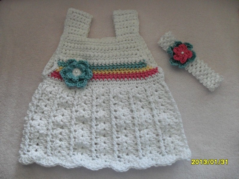 Crocheted Baby Girls First Easter Dress and matching headband, made in soft Cotton yarn, beautiful combination of colors