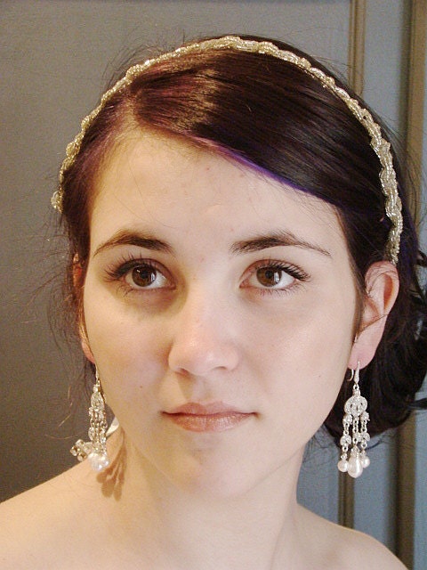 Bridal Head Piece, Wedding Headband, Bridal Halo, Crystals Sash, Silk Ribbon, Bohemian, Beaded Tiara  -  The Patience