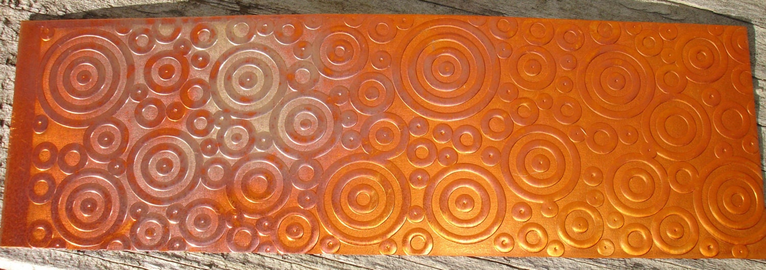Textured Copper Sheet Metal, Circles and Dots, Patina Copper Sheet Metal, Orange, Pink, Bronze, 26 gauge, 6" x 2" (C2639)