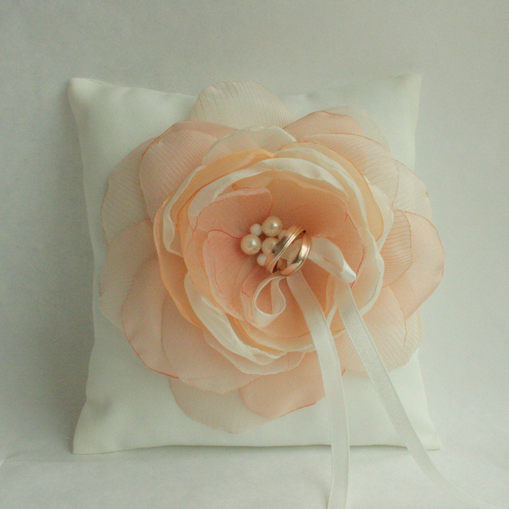 Ivory Wedding pillow with peach flower---wedding rings pillow , wedding pillow---FREE SHIPPING