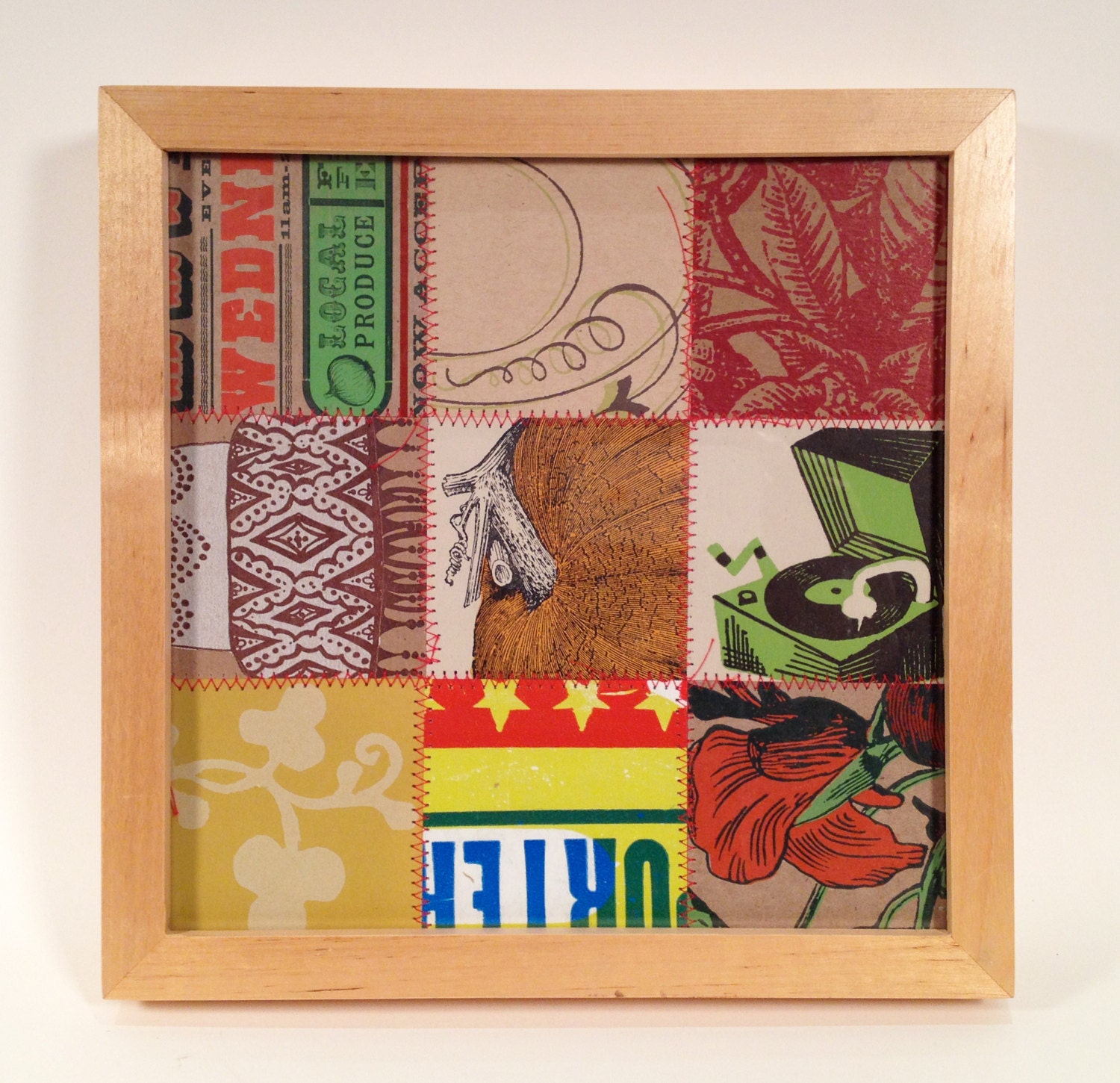 SEWN PAPER QUILT no.19 (9"x9") Framed, Hand Printed, Stitched Monoprint Square Letterpress