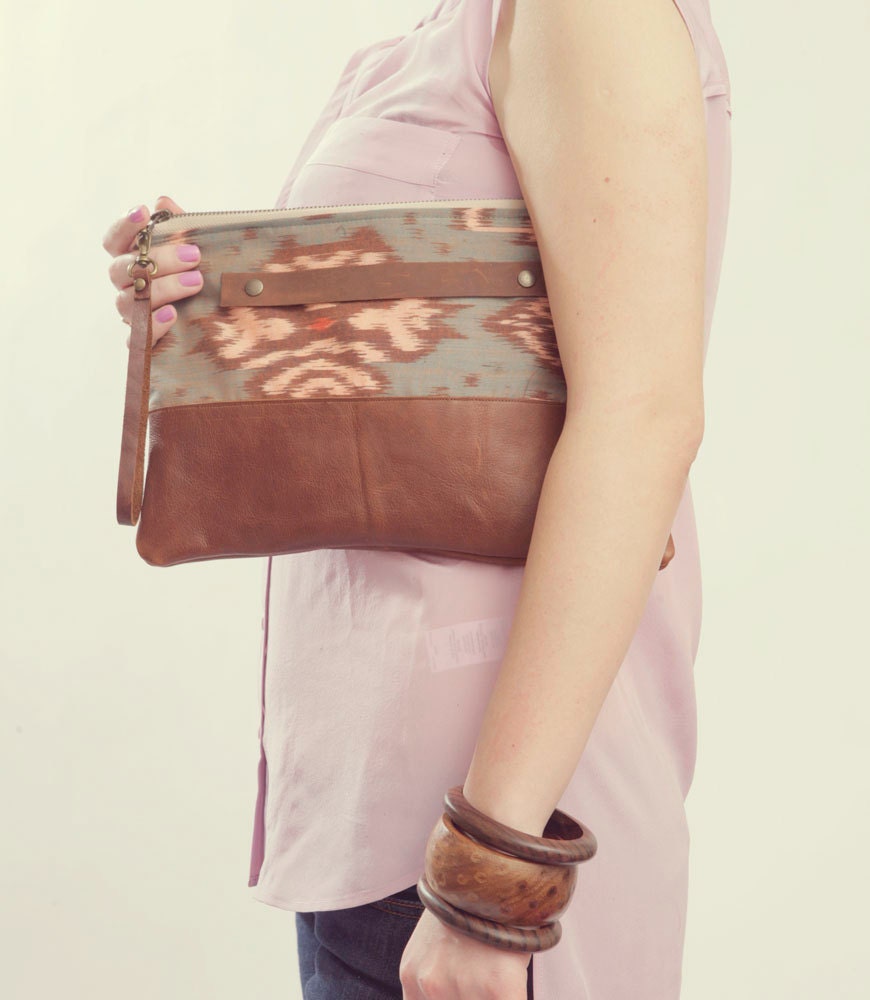 IKAT CLUTCH. Brown Leather Clutch. Wrist Strap Clutch. Oversized Clutch. Tribal Print Bag.