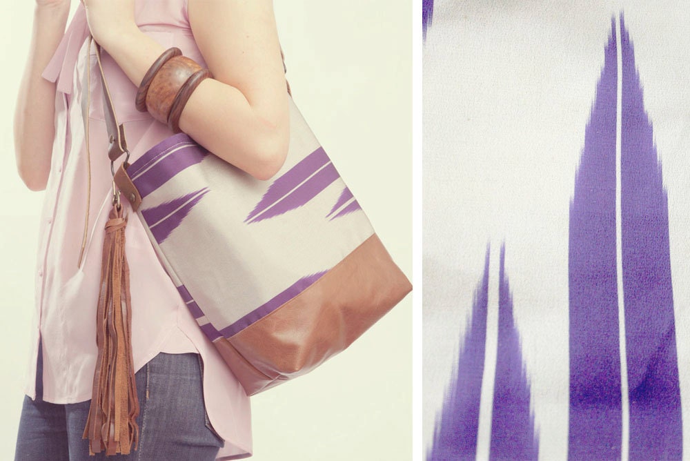 CHEVRON BAG. Brown Leather Bag. Hobo Bag.  Aztec Print Bag. Cross Body Strap Bag. Adjustable Strap. Ikat Tote Bag.