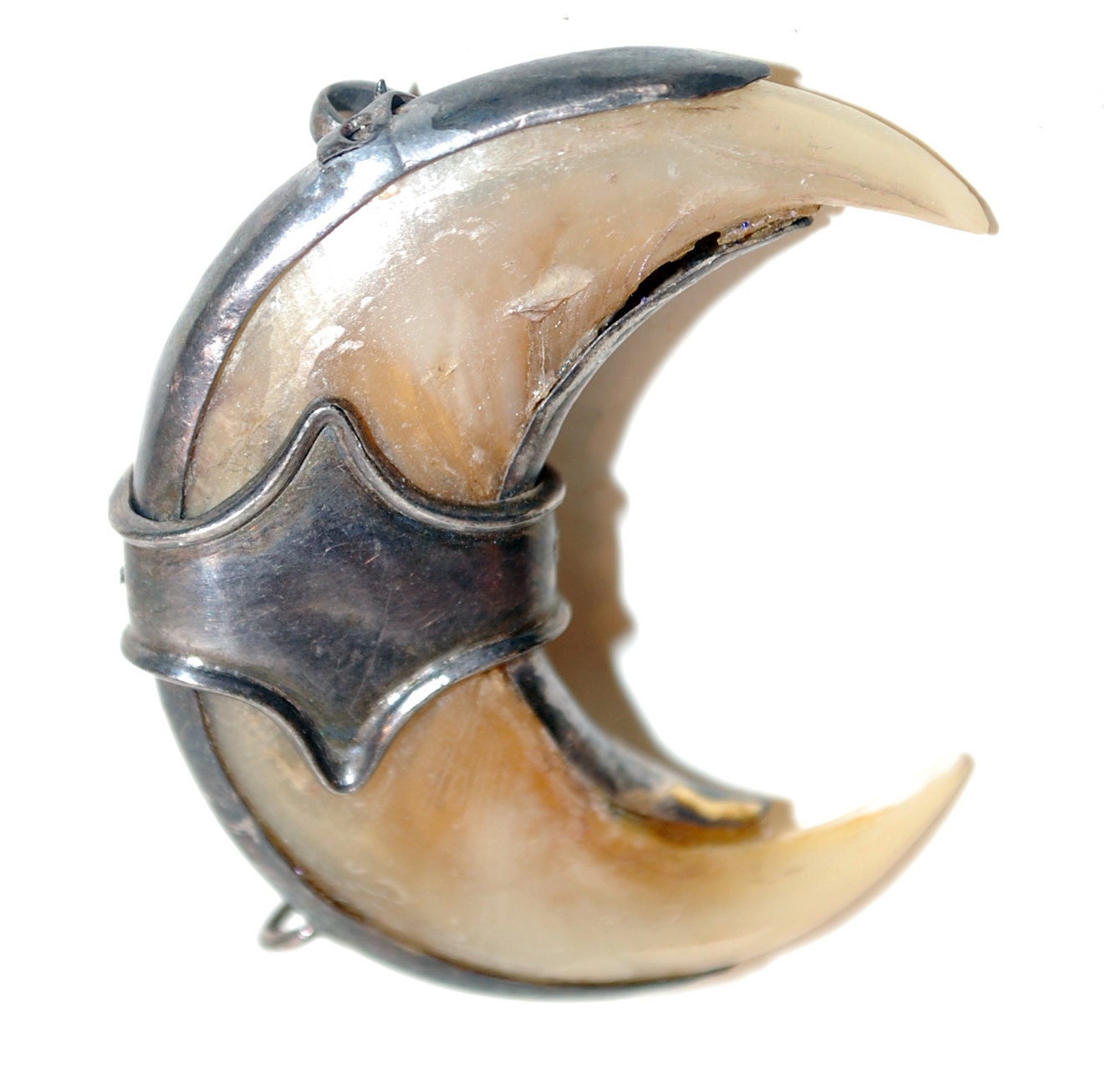 antique vintage crescent moon silver with tiger claws pin brooch pendant combo