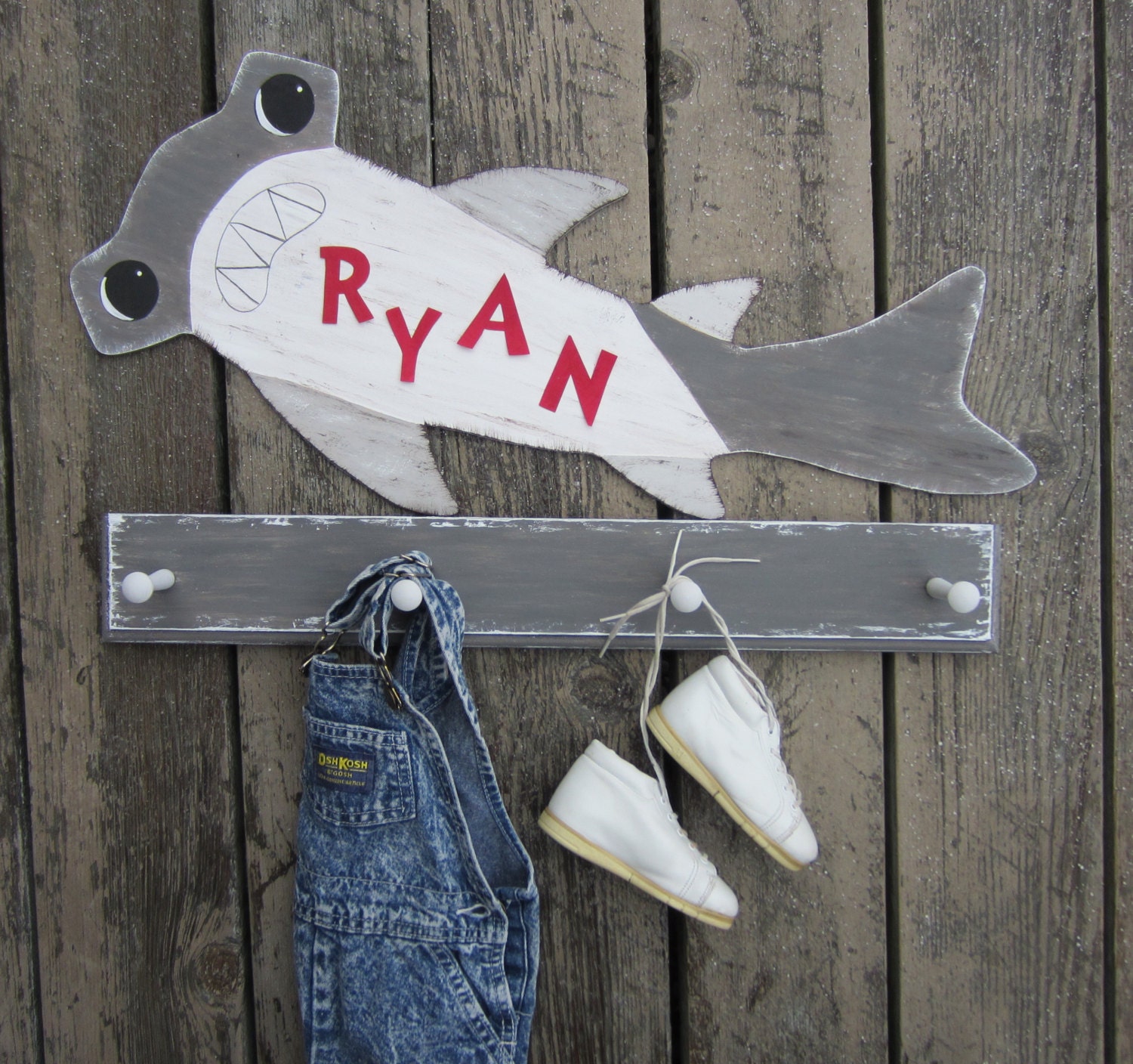 Hammerhead Shark Peg Rack - Hand-Painted Wood - Personalized