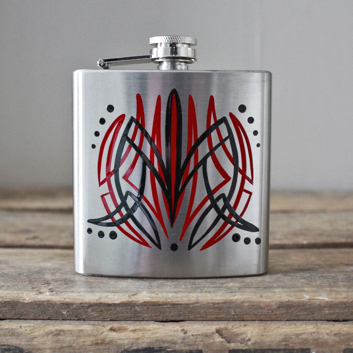 Kustom Pinstriped 6oz Flask - Red & Black Pinstriping