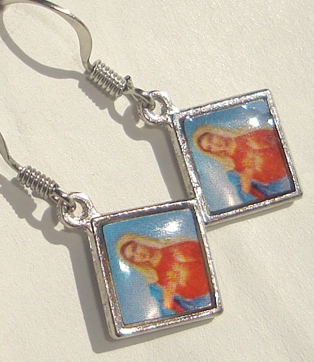 Sacred Heart double sided diamond shape charm pierced dangle earrings