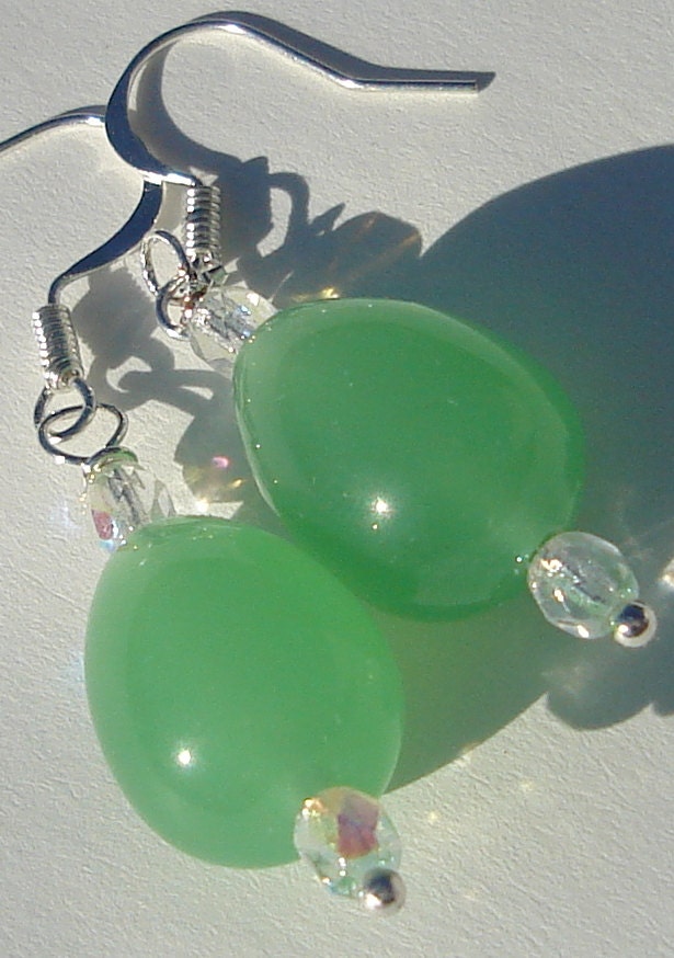 sea green glass teardrops with crystal bead accents hand made wire wrapped pierced dangle earrings