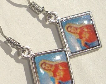 Sacred Heart double sided diamond shape charm pierced dangle earrings