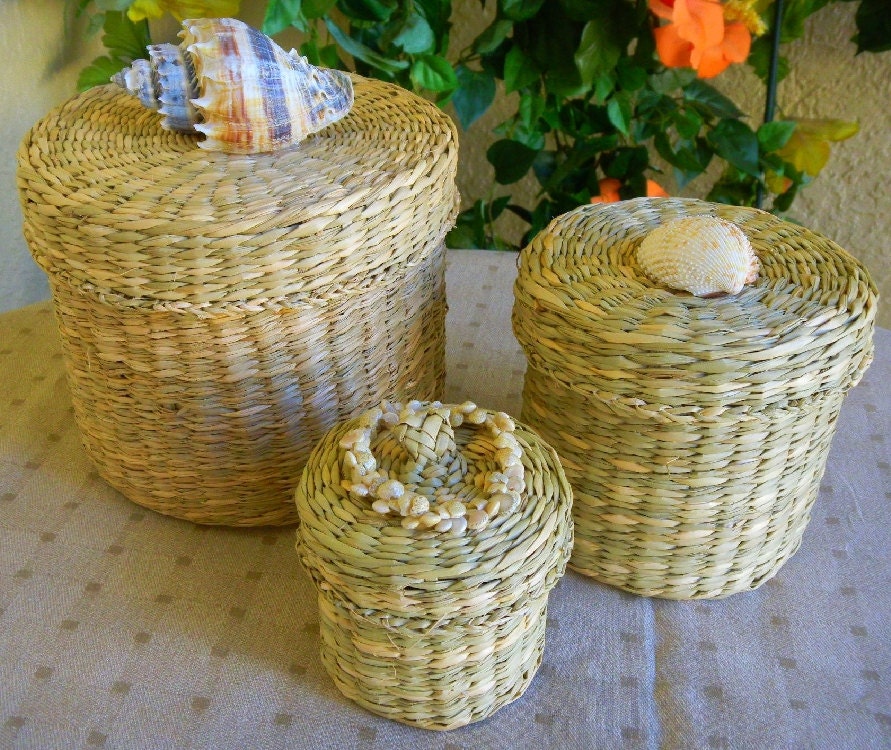 Baskets, set of 3, woven, rattan, wicker, seashell embellished, bathroom accessories, cosmetics storage