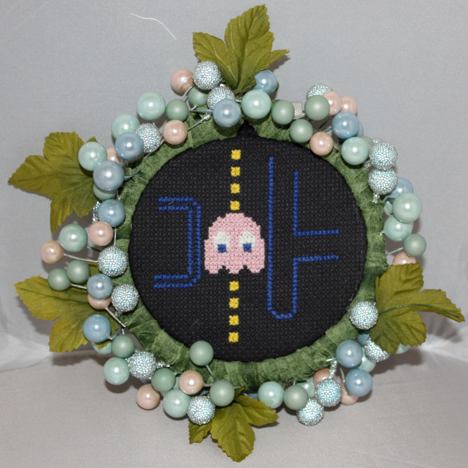 Cross-Stitch Pacman Ghost Pinky Framed in Power Pellets