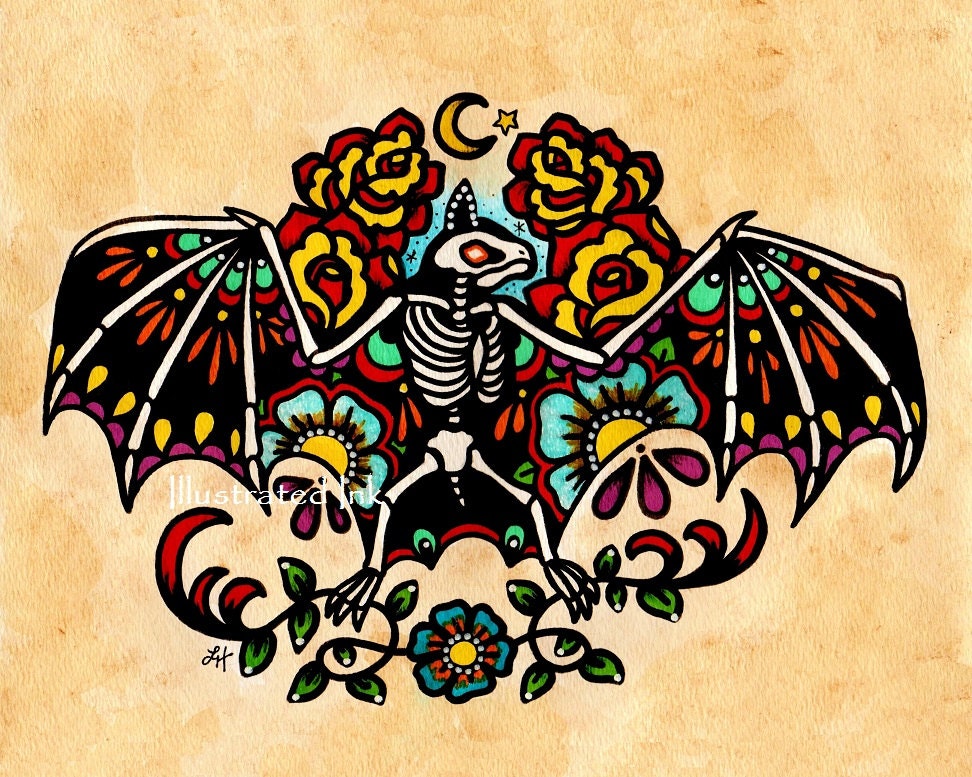 Old School Tattoo BAT Day of the Dead Art Print 8 x 10 - NEW from Illustrated Ink