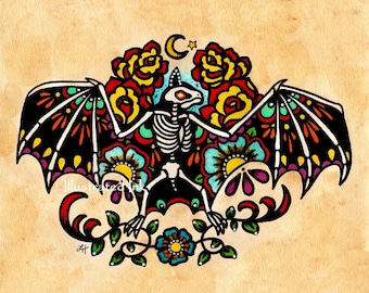 Old School Tattoo BAT Day of the Dead Art Print 8 x 10 - NEW from Illustrated Ink