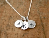 Mothers THREE initial charm necklace - simple sterling silver hand stamped jewelry - personalized necklace
