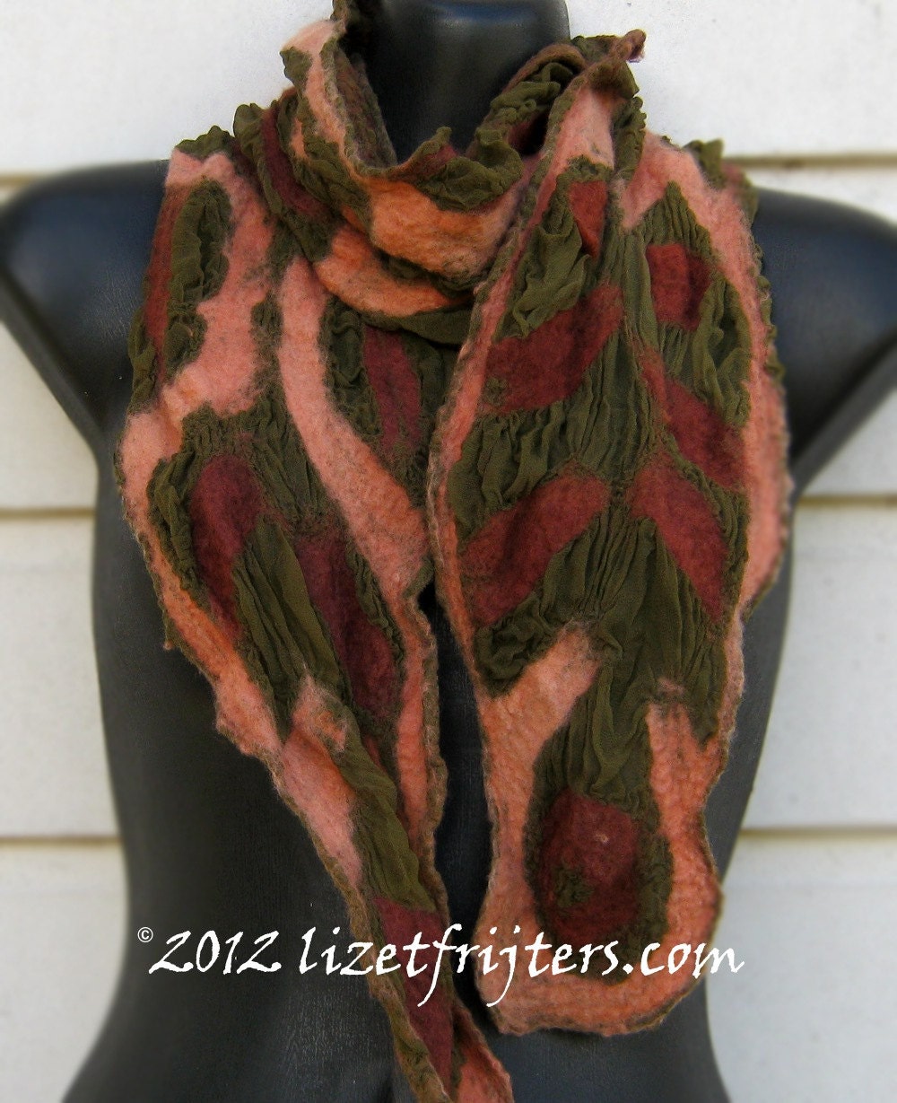 Long Green and Pink Nuno Felted Scarf - Eco Fashion - Fibre Art
