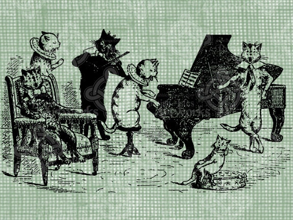 Digital Download Musical Kitties, Singing Kitten Cat illustration digi stamp, digital graphic, Cute Sweet, Kitty Piano Fiddle