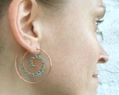 Solid Copper Turquoise Swirl Earrings / Free US Shipping