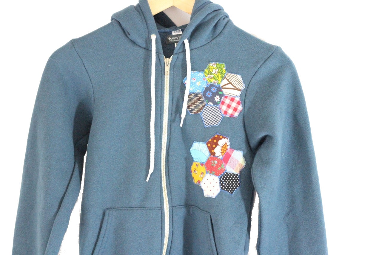Womens Sea Blue Hoodie with Hexagon Patchwork Applique XXS Hooded Sweatshirt American Apparel // by Nicoles Threads