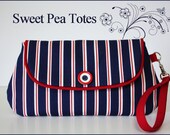 Snap and Go Nautical inspired, Red, White and Blue Striped Wristlet / Vintage Button