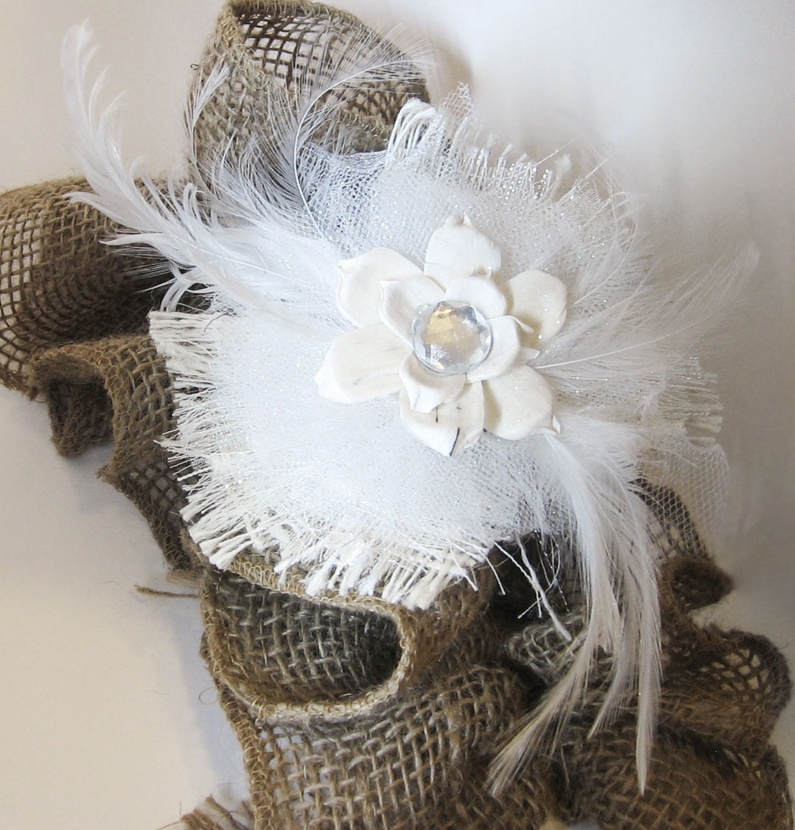 White vintage-inspired fabric hair piece...can also be used as a gift topper, corsage, brooch, photo prop....custom colors.