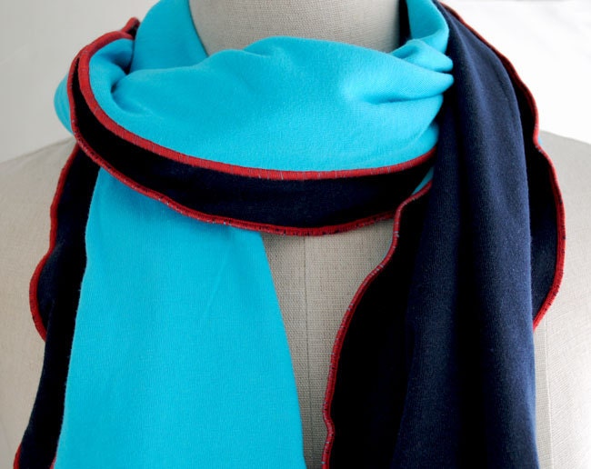 Double Sided Navy Blue and Aqua Color Block Jersey Scarf