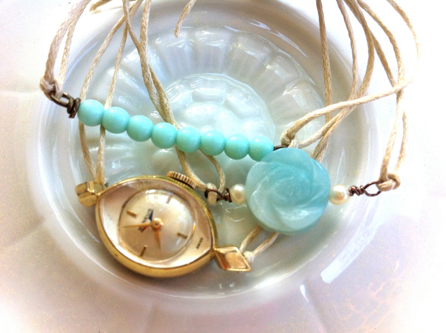 Soft whispers, vintage watch,amazonite,light blue beaded charm bracelet set. tiedupmemories