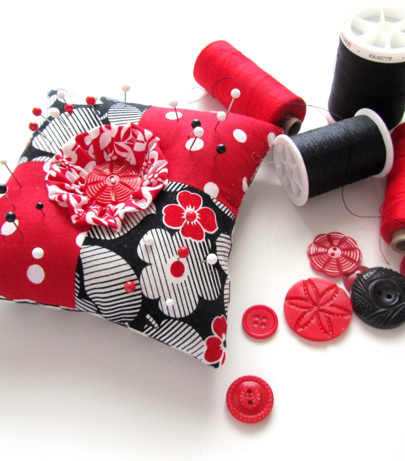 Red and Black Patchwork Pincushion Mothers Day Pincushion