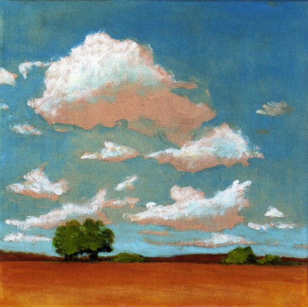 Oak Trees and Big Sky  - 8x8 PRINT of Original Landscape Painting Clouds and Sky Summer Farmland