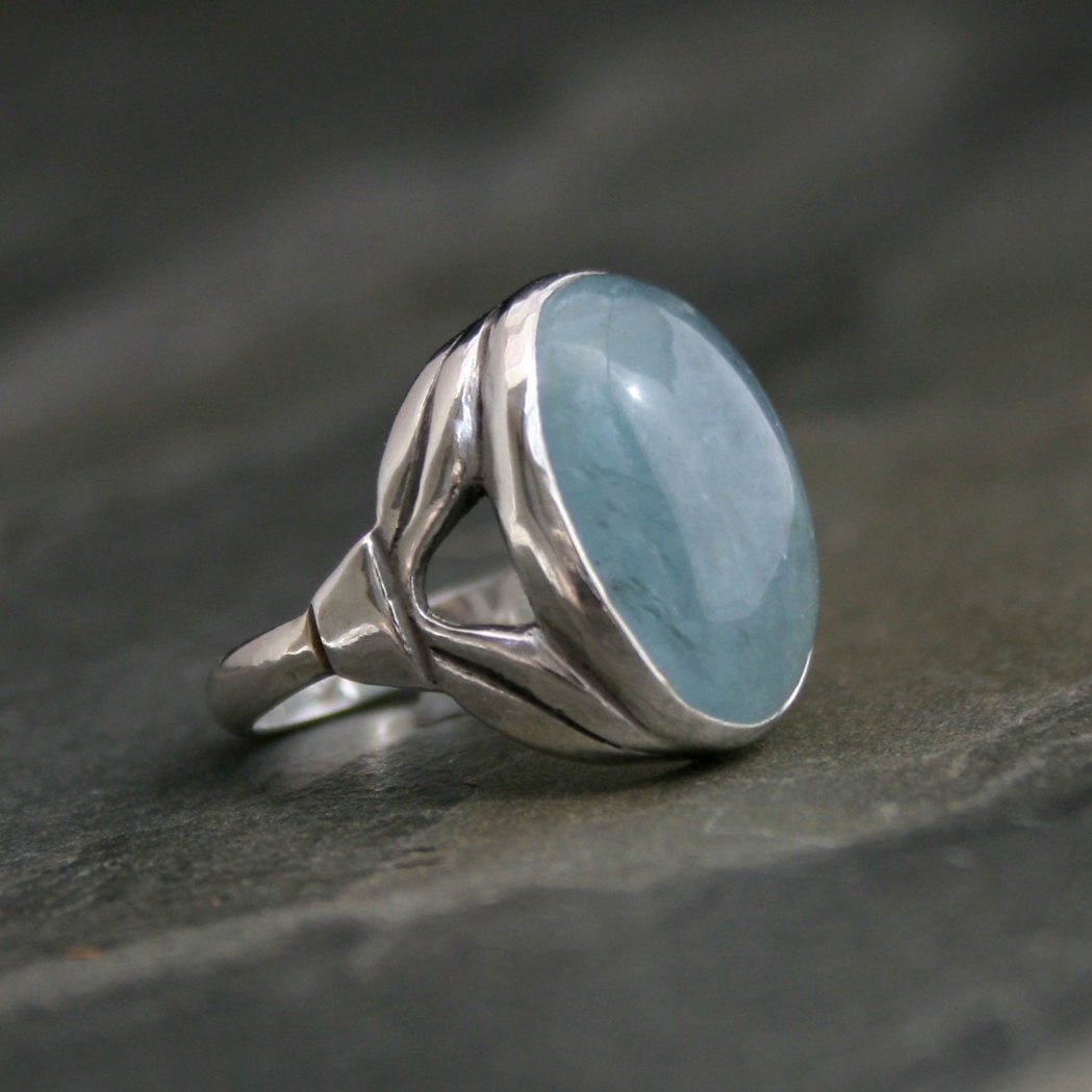 Aquamarine Deco Ring, Sterling Silver Ring, Large Stone, Cabochon Gemstone, Sea Foam, Natural Aquamarine