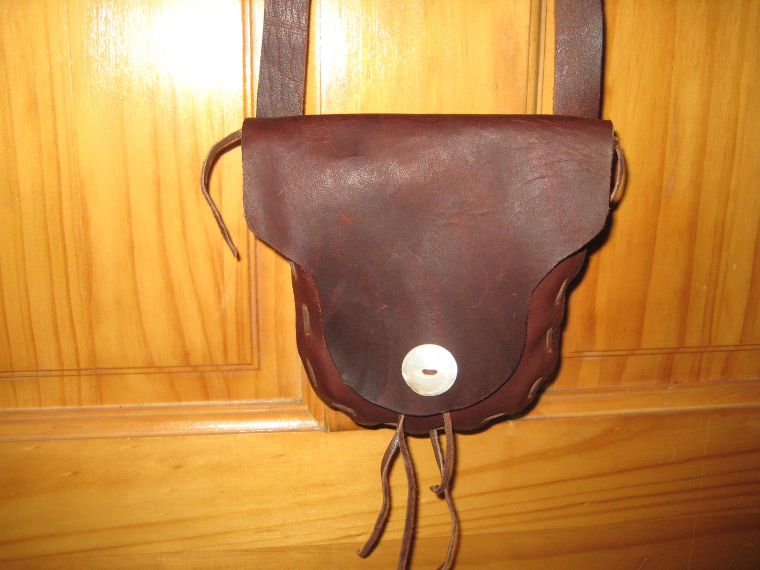 Brown Leather Bag w Vintage Shell Button