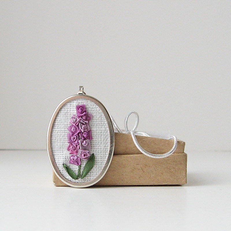 Purple Larkspur Necklace Pendant hand embroidered silk ribbon