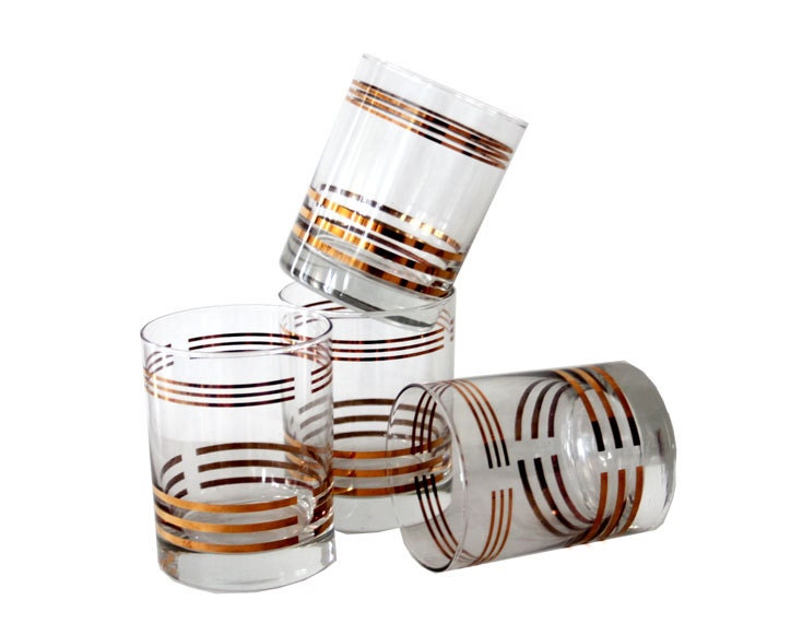 Set of Four Vintage Gold Stripe  Low Ball Glasses