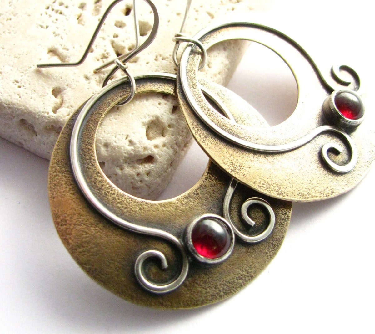 Large Exotic Gypsy Hoop Earrings - Mixed Metal Garnet Earrings - Sterling Silver And Bronze Bohemian Gemstone Jewelry